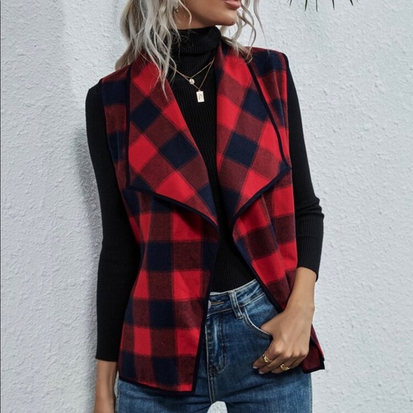 Jackets & Blazers - buffalo plaid waterfall vest fall tweed red